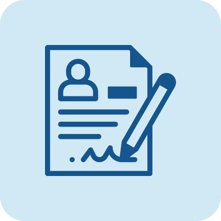 Blue icon of a document with a pen on top of it