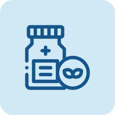 Blue icon of a bottle of pills with a plus sign on it, representing a prescription drug